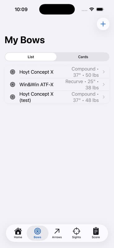 Archery Logbook bow configurations screen